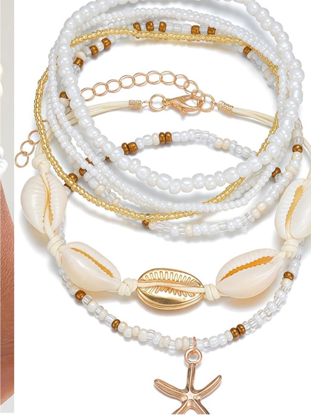 New White & Gold Shell Anklet Stack - Picture 6 of 7